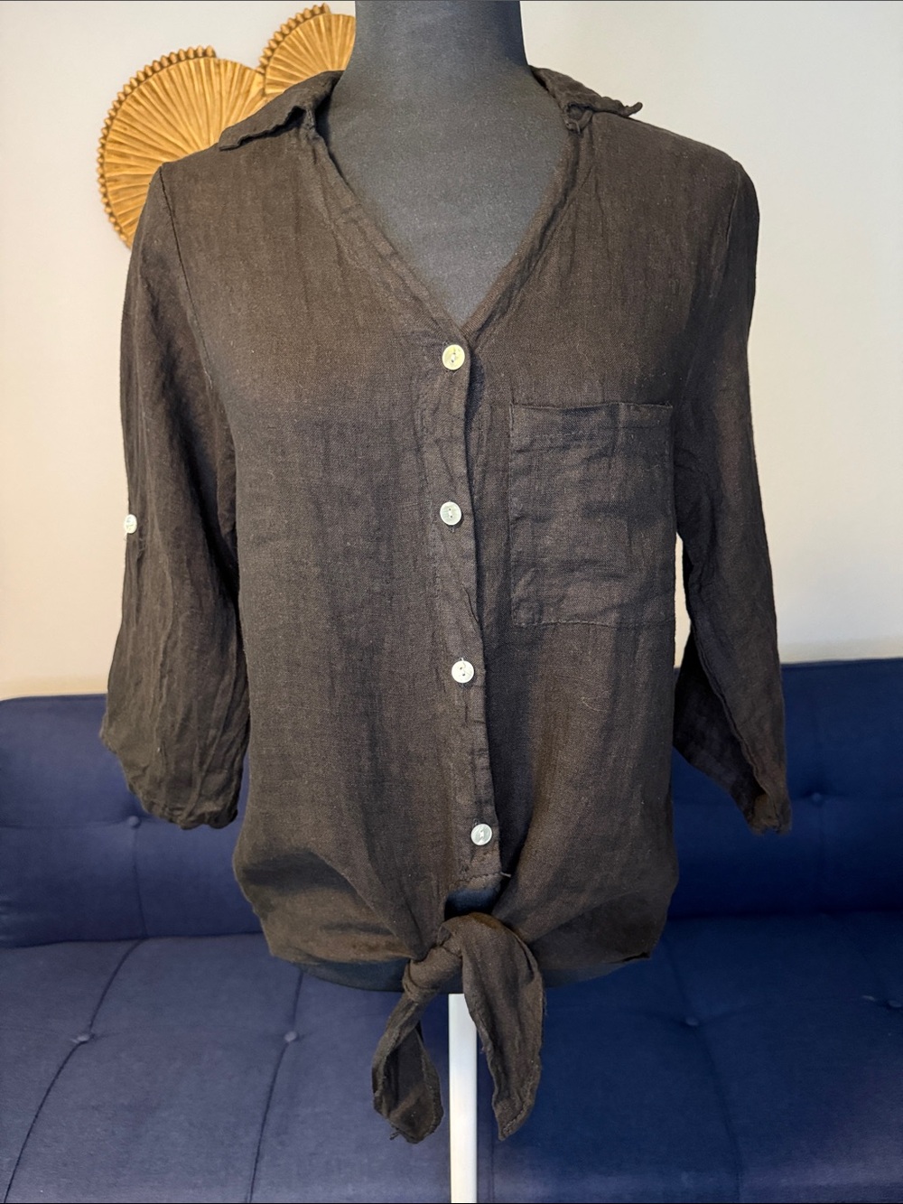 New VENTI 6 Italy 100% Linen Tie-Front Crocket Back Button-up Blouse Black Small